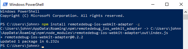 You will receive confirmation when Windows PowerShell successfully installed the remotedebug-ios-webkit-adapter plugin.