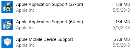 Make sure the Apple Application Support and Apple Mobile Device Support apps are installed on your Windows 10 PC.